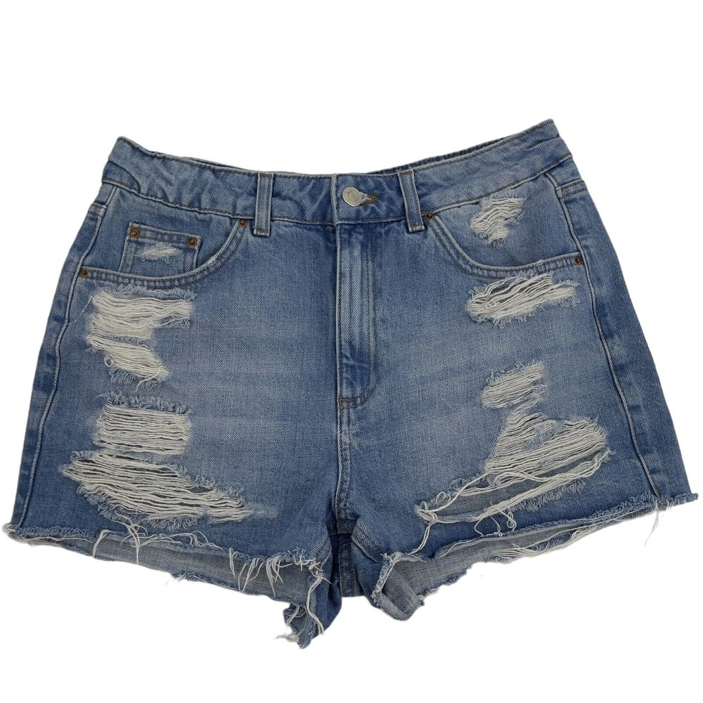 Topshop Moto Womens Cut Off Ripped High Rise Denim Blue Jean Mom Shorts Size 6